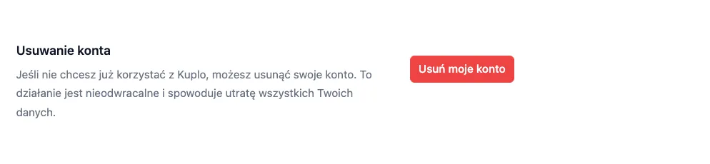 Sekcja usuwania konta Sekcja usuwania konta