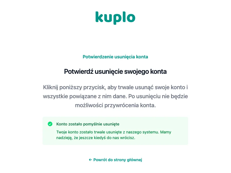 Potwierdzenie usunięcia konta Potwierdzenie usunięcia konta