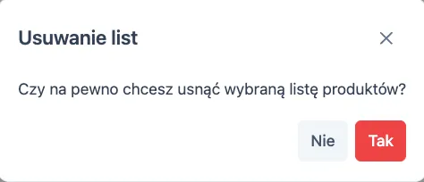 Potwierdzenie usunięcia listy produktów Potwierdzenie usunięcia listy produktów