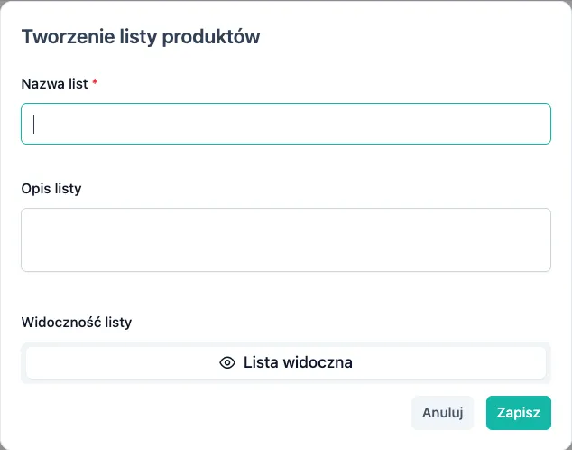 Formularz listy produktów
