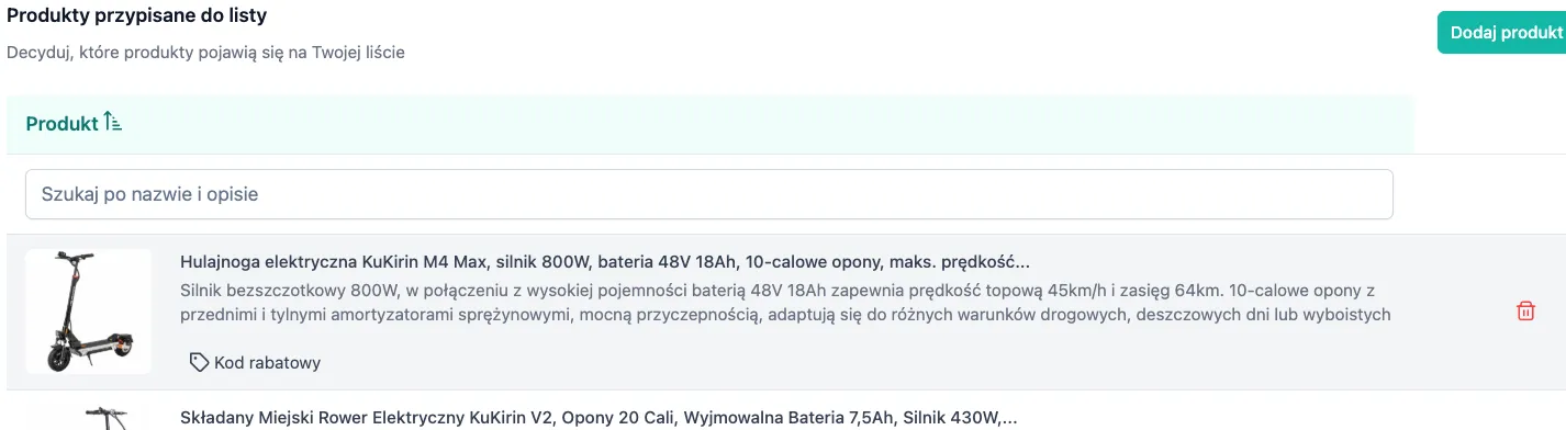 Usuwanie produktu z listy