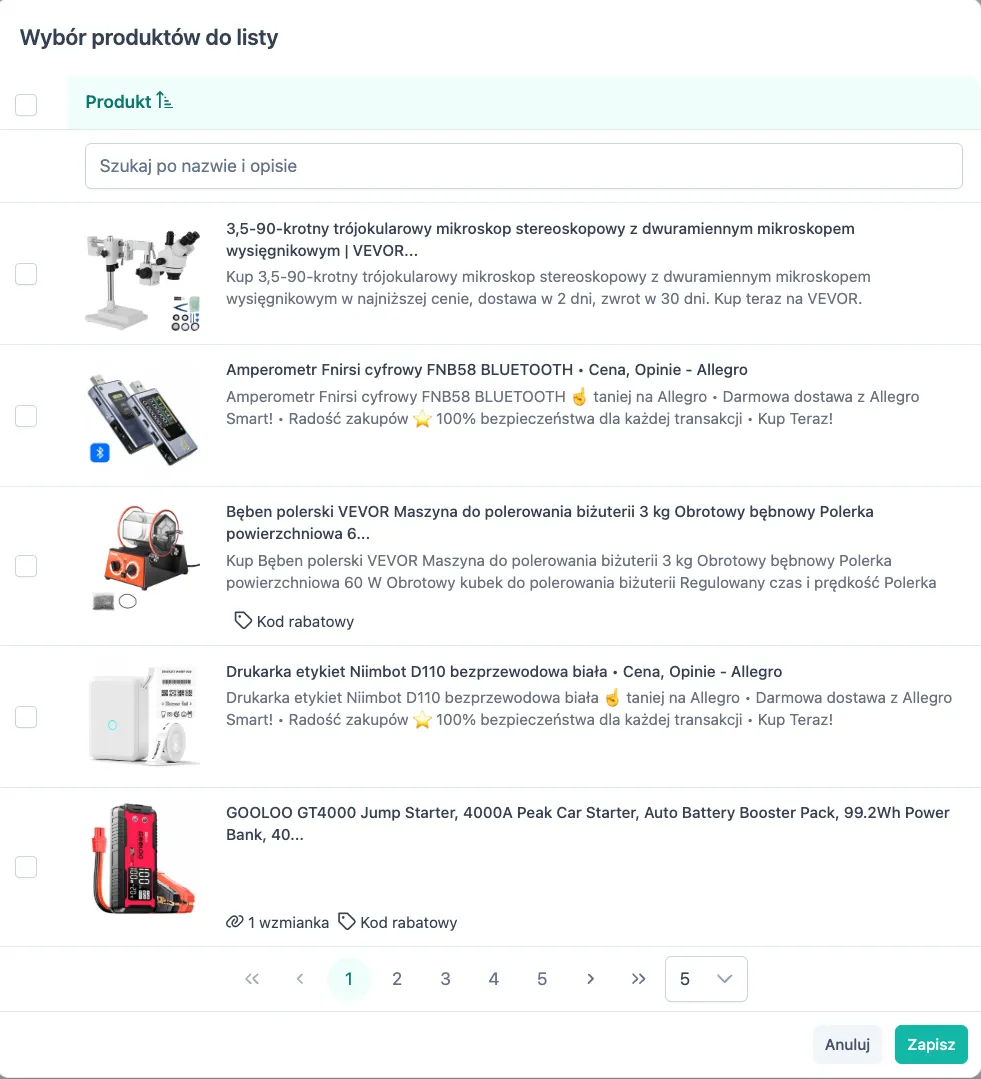 Wybieranie produktów do listy